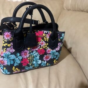 Christian Siriano Black Floral Mini Satchel with Pink, Blue, Yellow Accents